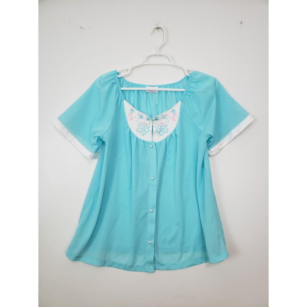 Vintage Kelly Reed Women's Pajama Top Size S Embroidered Short Sleeve Aqua USA